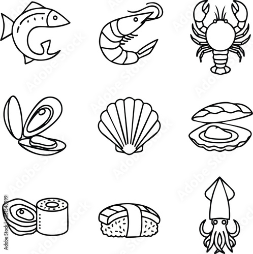 Collection of various seafood illustrations, including fish, shrimp, and shellfish.