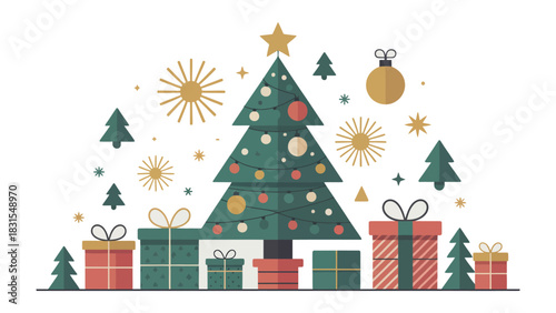 Festive Christmas: A decorated Christmas tree surrounded by wrapped gifts, conveying the joy and excitement of the holiday season. 