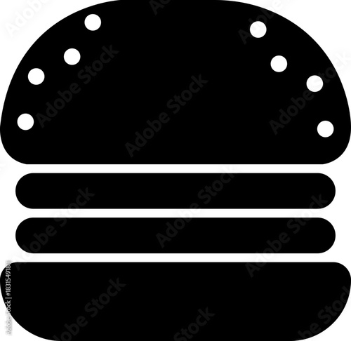 Burger fast food icon in black flat style featuring sandwich, hamburger, cheeseburger, snack, meal, cuisine, deli, and food related synonym elements for restaurant branding and menu design