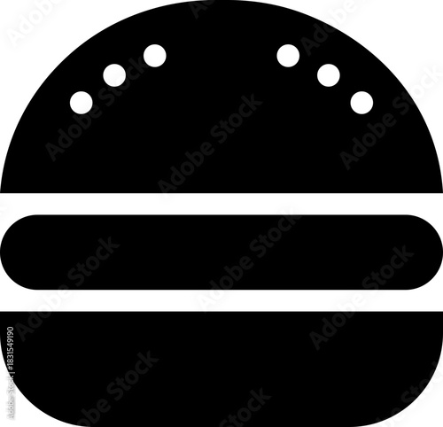 Burger fast food icon in black flat style featuring sandwich, hamburger, cheeseburger, snack, meal, cuisine, deli, and food related synonym elements for restaurant branding and menu design