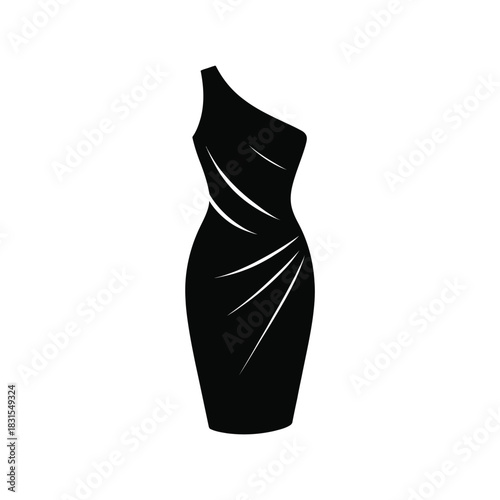 Elegant black one shoulder cocktail dress with silver accents