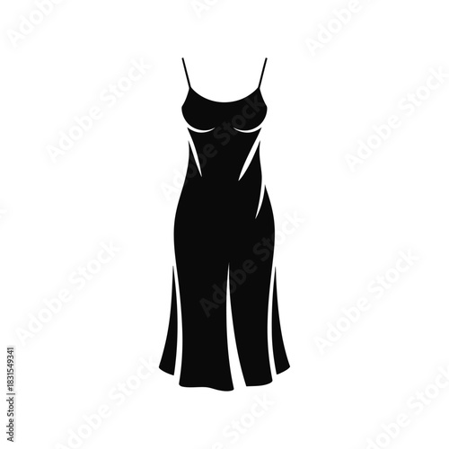Sleek black slip dress with spaghetti straps and flowing skirt