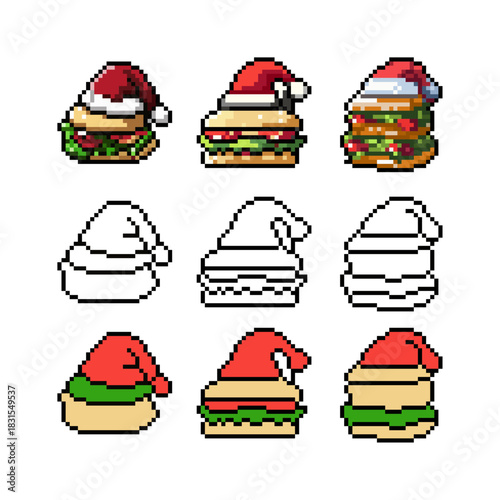 A fun and festive set of 8-bit style pixel art Christmas sandwich icons. This collection features a delicious layered sandwich or burger topped with a red Santa Claus hat.