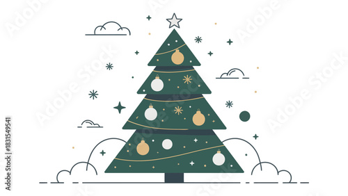 Festive Evergreen: A beautifully illustrated Christmas tree adorned with ornaments and a star, bringing a touch of holiday spirit.