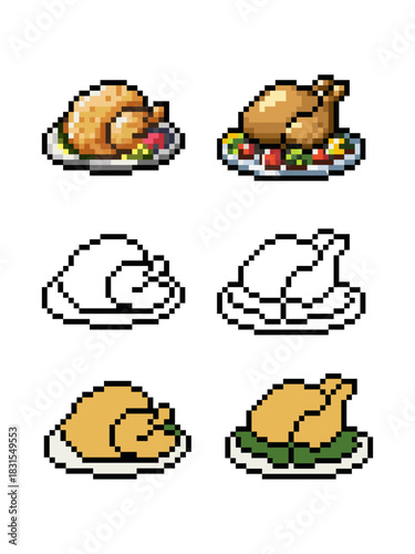 A mouth-watering set of 8-bit style pixel art roast chicken or turkey icons. This collection features a whole roasted bird on a platter with garnish, presented in three styles