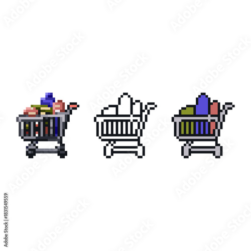 A practical set of 8-bit style pixel art shopping cart icons. This collection features a cart filled with various grocery items like bottles and boxes, presented in three styles