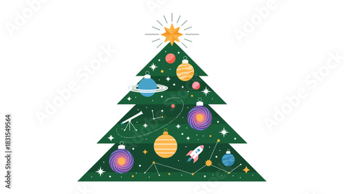 Celestial Christmas Tree: A festive Christmas tree adorned with astronomical ornaments, each representing a facet of the cosmos, from planets to constellations, sparking curiosity about the universe