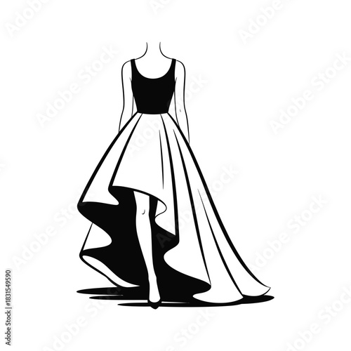 Elegant black and white high low ball gown fashion sketch