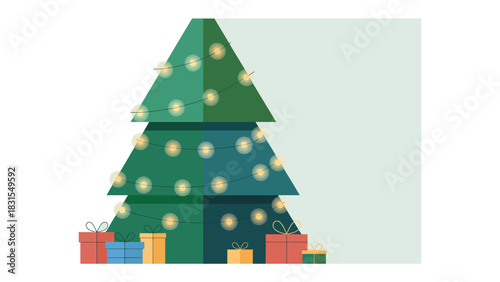 Festive Christmas Tree with Presents: An illustrated Christmas tree, adorned with twinkling lights and colorful gift boxes, stands as a symbol of holiday cheer and festive celebration. 