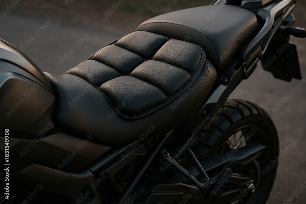Fototapeta premium Raindrops glisten on the comfortable padded seat of a modern motorcycle
