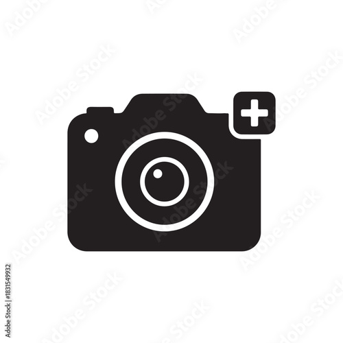 Filled camera icon with add or positive sign symbol on top.
