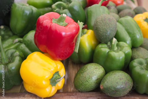 photo of red green  and yellow peppers, bell peppers with sliced elements in watercolor style. 
