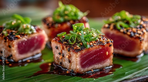 Close-up of seared tuna tataki topped with sesame seeds, scallions, and glaze on a green leaf, showcasing gourmet Japanese cuisine, vibrant colors, realistic textures
