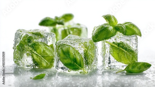 Fresh green basil leaves frozen in ice cubes with water droplets, representing freshness, flavor, and natural cooling, macro photography, ultra-detailed texture, crystal-clear ice