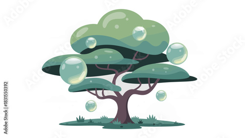 Enchanted Tree: A whimsical illustration of a stylized tree adorned with floating bubbles, evoking a sense of wonder and magical beauty.