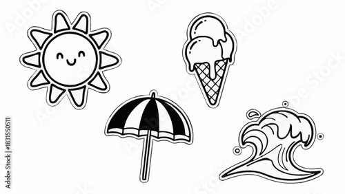 Hand-drawn summer vacation icons set featuring cute smiling sun, melting ice cream, beach umbrella, and ocean wave doodles for a sunny holiday concept