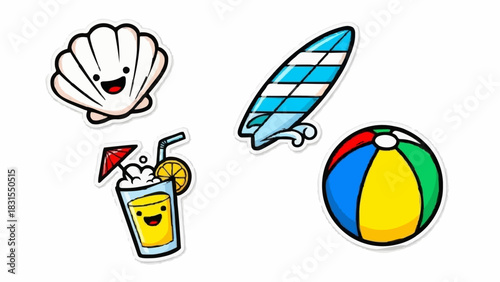 Cheerful cartoon summer vacation elements set with happy seashell, playful surfboard, colorful beach ball, and refreshing lemonade drink for joyful holiday designs