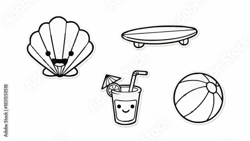 Charming black and white outline summer icons smiling seashell, tropical drink, surfboard, and beach ball, perfect for cheerful holiday graphic designs