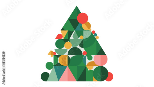 Festive Ornamentation: A geometrically constructed Christmas tree, adorned with playful shapes in a delightful array of colors, brings forth the holiday spirit.