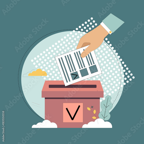 Election concept. Voting. Making a decision. Hand dropping a ballot into a ballot box. Vector flat illustration.eps