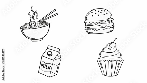 Delicious Food Icons A Set Featuring Noodles, Burger, Milk, and Cupcake in Line Art