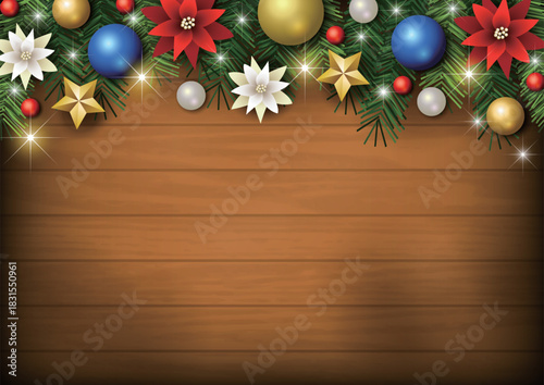 クリスマス背景、板、玉飾り、キラキラ、かわいい、イラスト、横