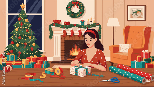 Woman wrapping Christmas presents at home, Christmas tree with festive decorations, winter holiday celebration