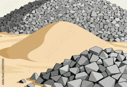 An illustrated depiction of construction materials, featuring piles of stones, sand, and an earthy background