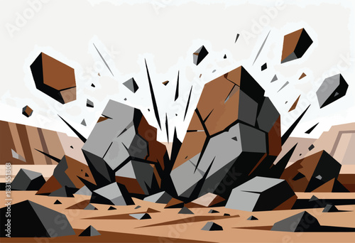 Illustration of a rock explosion with polygonal shapes, shards, and lines. Brown, grey, and black on light background