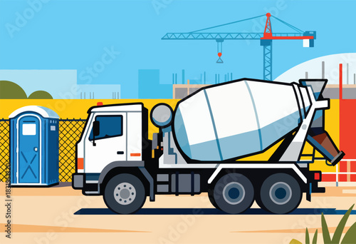 Flat illustration of a cement truck parked beside a portable toilet and construction site in the background