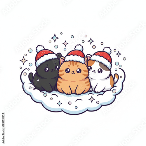 3 kittens with a little red snow hat chibi
