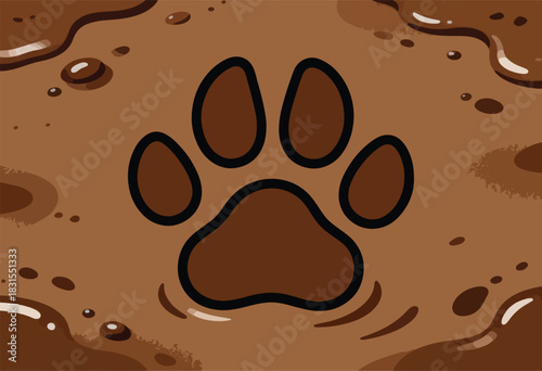 Brown cartoon image. A dog paw in dark brown surrounded by brown puddle design with white glossy accents