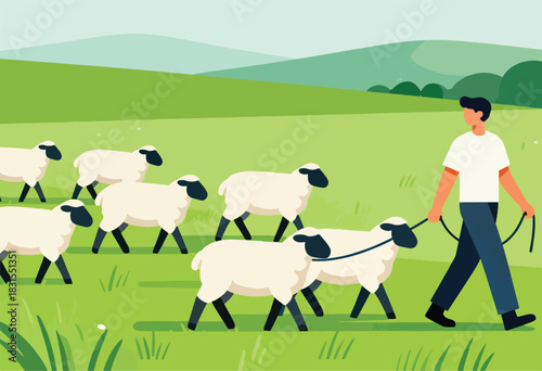 A stylized illustration of a shepherd leading a flock of sheep across a green pasture
