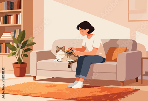 A person pets a cat on a sofa in a warm living room, with a bookshelf, plant, and carpet