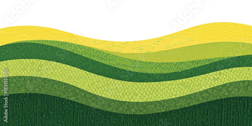 Textured wavy layers of green and yellow abstract landscape illustration design