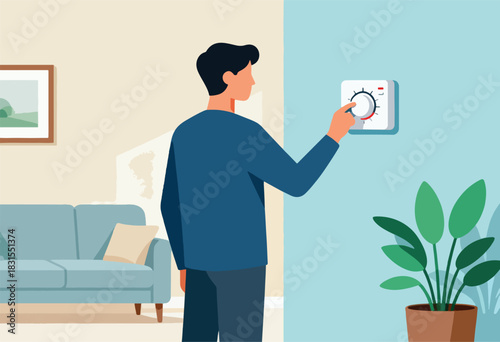 A person adjusts a wall-mounted thermostat in a living room, with a couch, art, and potted plant nearby