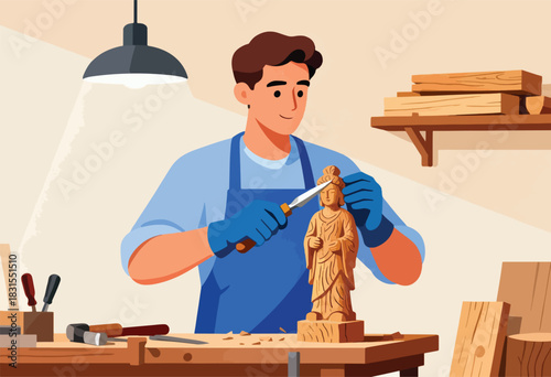 A woodworker carves a statue, lit by a lamp, surrounded by tools and wood