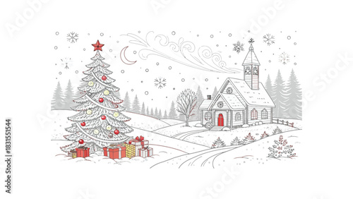 Highly detailed Christmas doodle vector in fine line art style, filled with festive elements and decorative holiday icons.