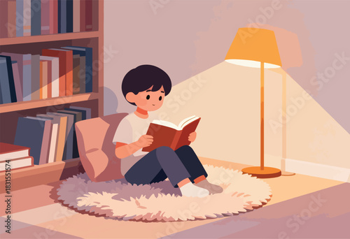 An illustration shows a person reading a book on a rug under a lamp next to a bookcase