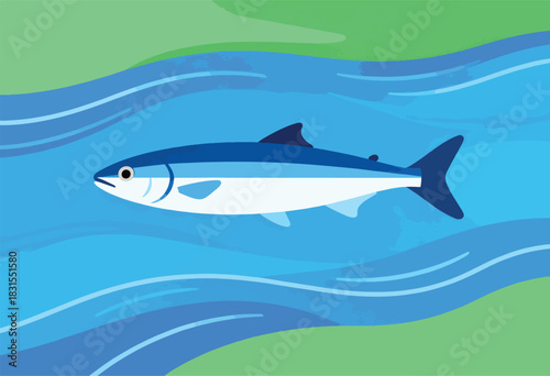 A stylized fish swims in a blue river against a green bank, in a flat illustration style