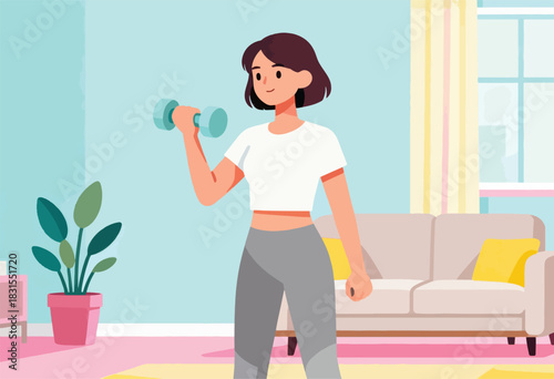 A woman lifts a dumbbell indoors, exercising in a bright, colorful room. A sofa, plants and window are visible