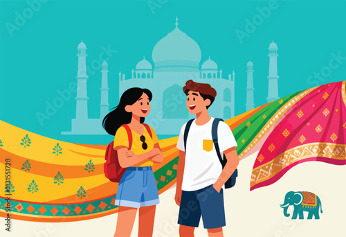 A couple smiles at each other in front of the Taj Mahal. Colorful textiles float above an elephant