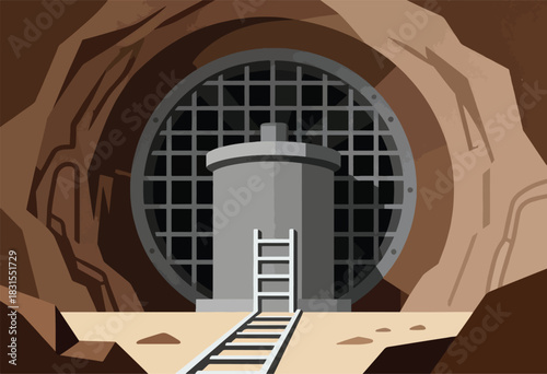 A geometric illustration of a portal-like structure within a cavern, accessed by a ladder