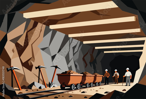 Stylized illustration depicts a mine shaft with pickaxes, ore carts, and workers. The scene is done in geometric shapes