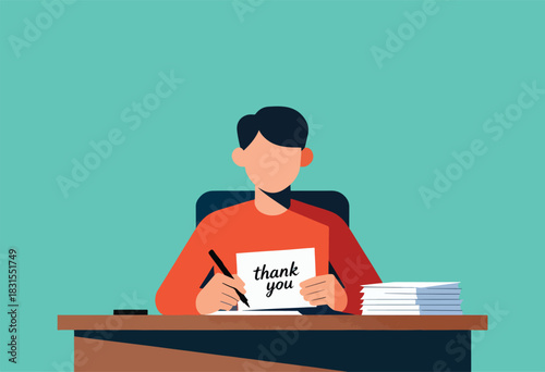 An illustration shows a person at a desk writing "thank you" on a card. A stack of paper is on the right