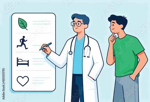 A doctor writes on a chart with healthy lifestyle icons while a patient considers the advice