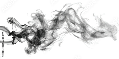 Swirling grey smoke trails creating abstract patterns against a white background
