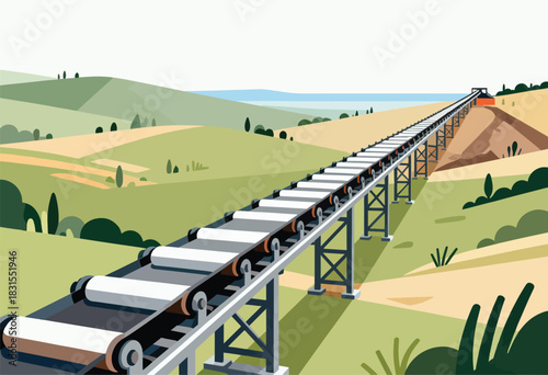 A long conveyor belt stretches across rolling green hills towards a structure. Flat colors create a modern art vibe