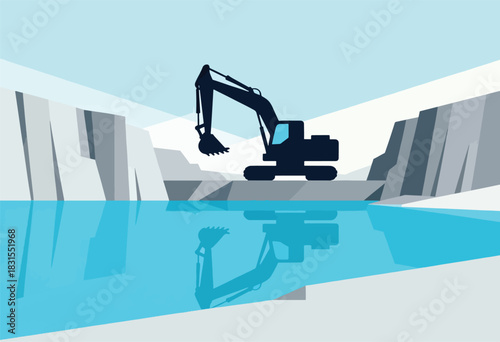 A silhouetted excavator amidst a geometric landscape with water reflection and light sky