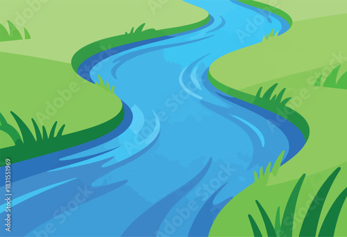A simple, cartoon illustration of a meandering blue river flowing through grassy green banks